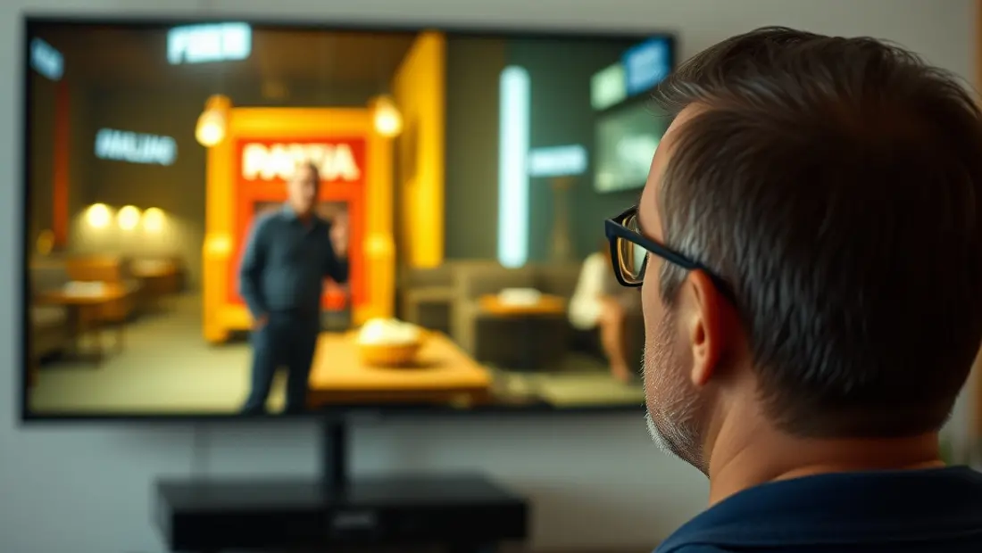 Un hombre mirando una pantalla de televisión con un tráiler de película en el fondo.