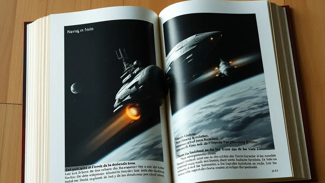 Un libro de ciencia ficción abierto con una página que muestra una nave espacial en vuelo.