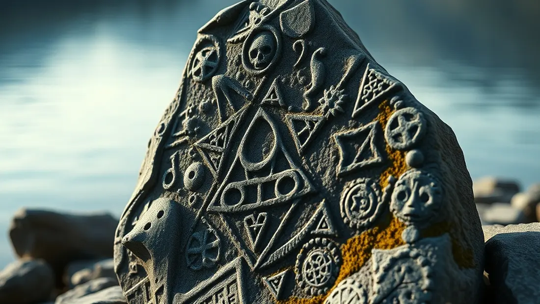 Piedra con símbolos extraños en la orilla del lago.
