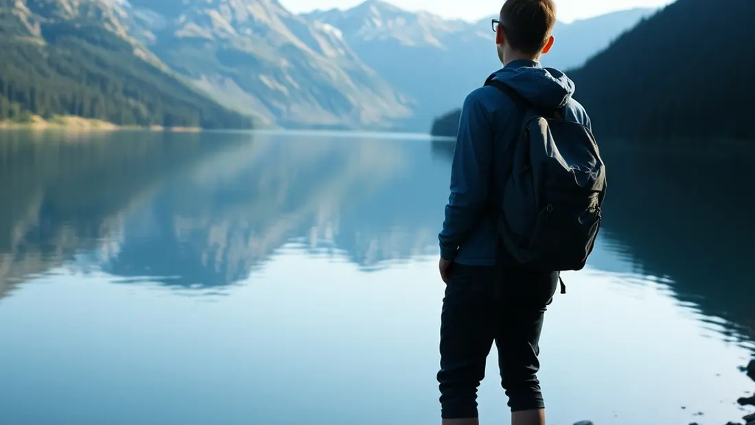 Persona en ropa de senderismo en la orilla del lago.