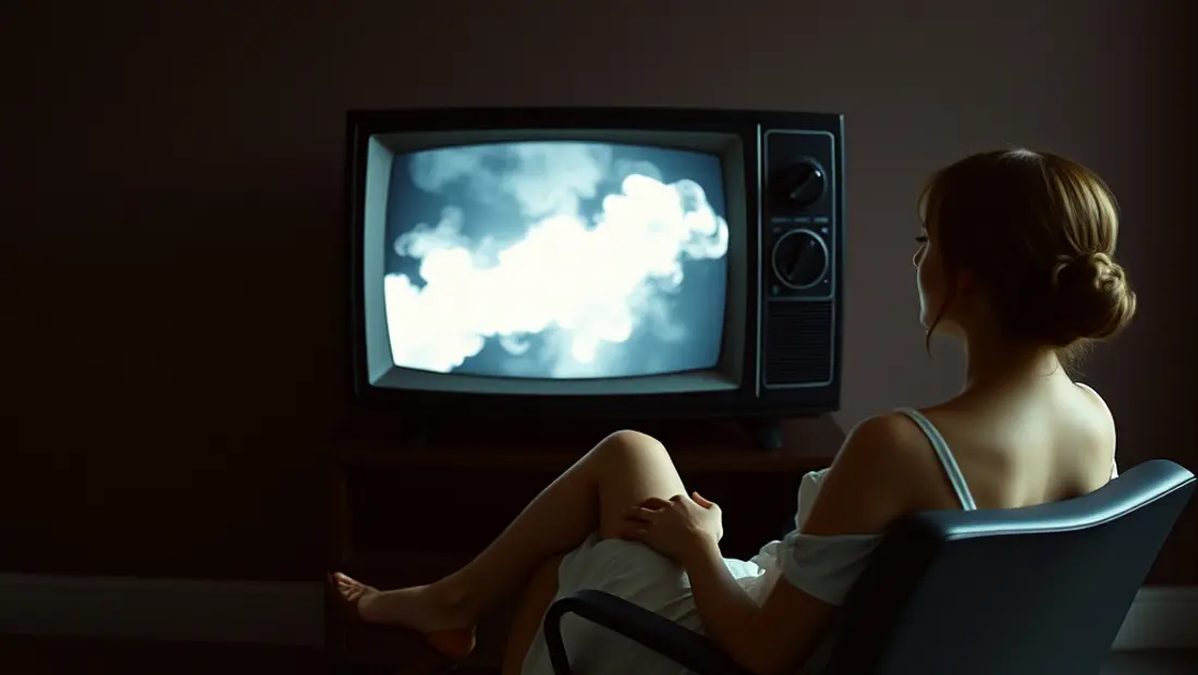Persona sentada frente a una televisión antigua en un ambiente sombrío.