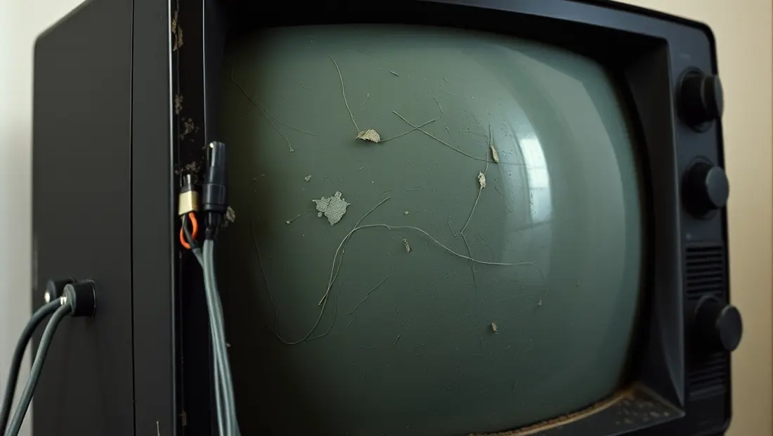Deterioro de la televisión antigua con cables expuestos.