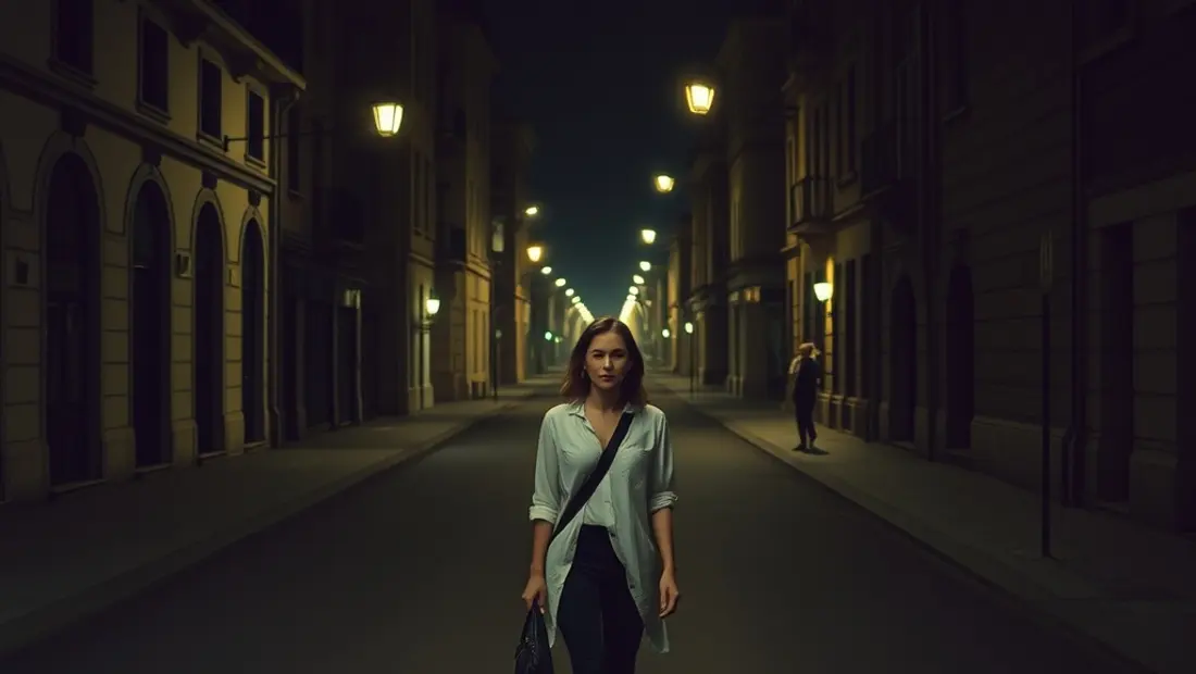 Persona caminando por una calle desierta a la noche.