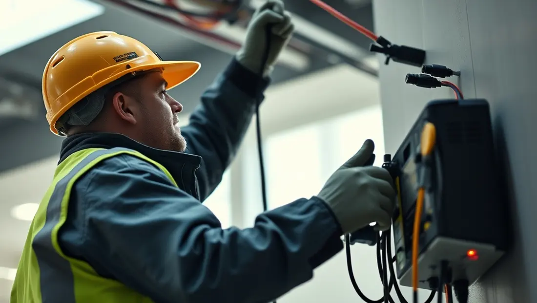 Operario instalando fibra óptica en un edificio.