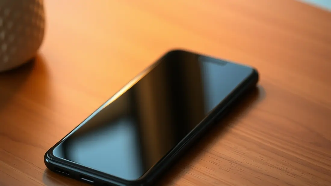 Un teléfono móvil en negro con pantalla encendida