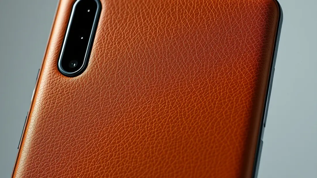 Un detalle del teléfono con carcasa de cuero y botones de volumen