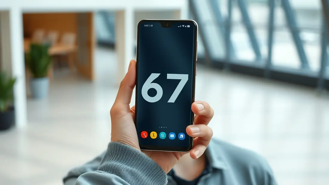 Un usuario sosteniendo el teléfono y mirando la pantalla en un ambiente moderno