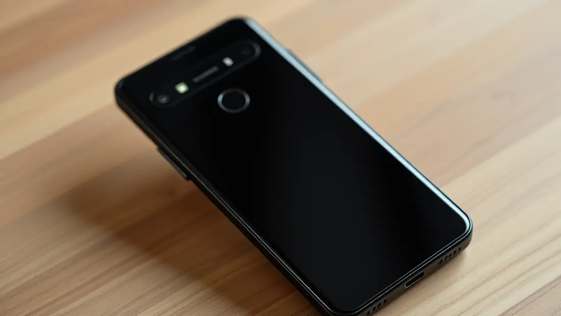 Un teléfono móvil sobre una mesa de madera.