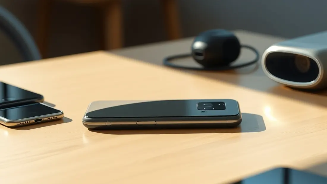 Un smartphone posé sur une table avec des objets électroniques