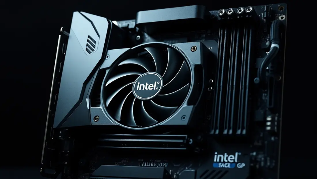 Carta mère con GPU Intel Arc b770 instalado, fondo negro oscuro