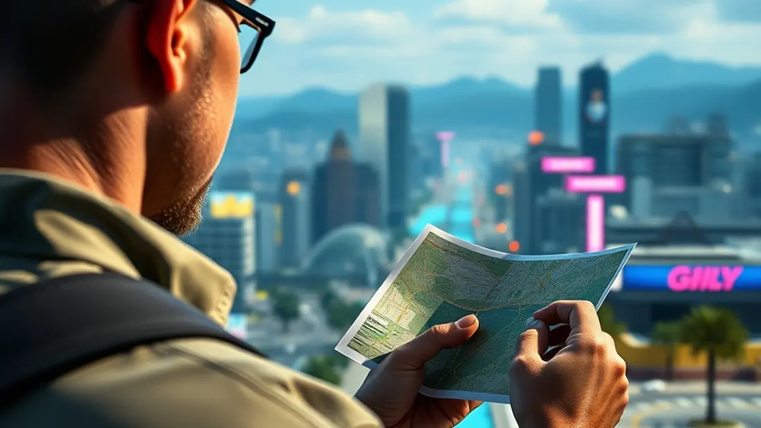 Un personaje de GTA examinando un mapa de una ciudad