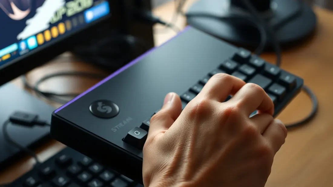 Persona con Steam Deck y teclado conectados a un ordenador
