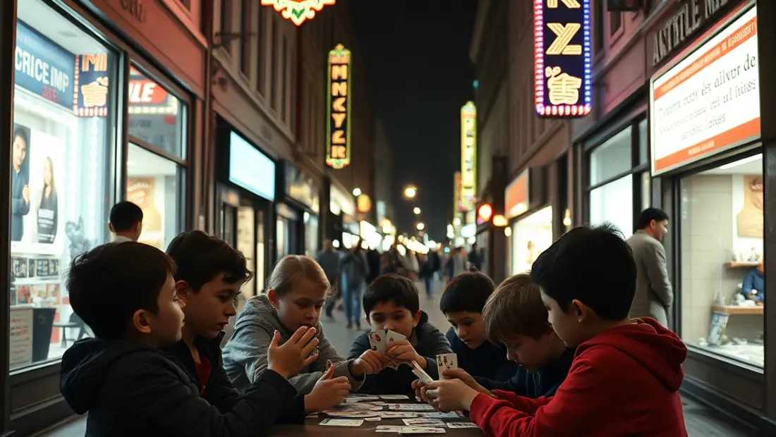Rue animée con niños jugando a cartas y luces de neón