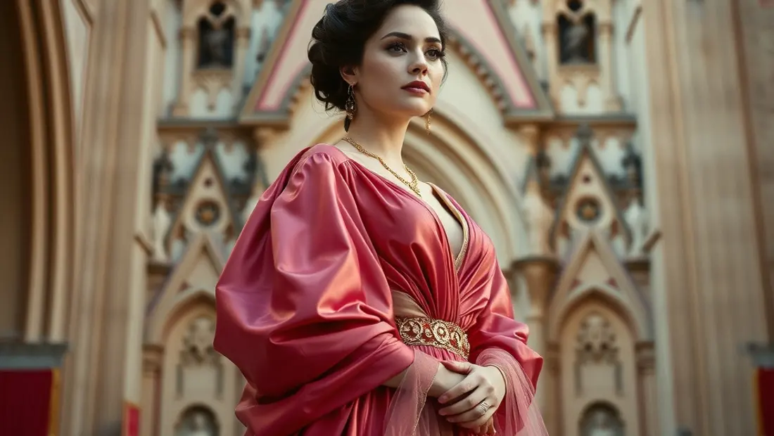 Femme en robes somptueuses devant une cathédrale