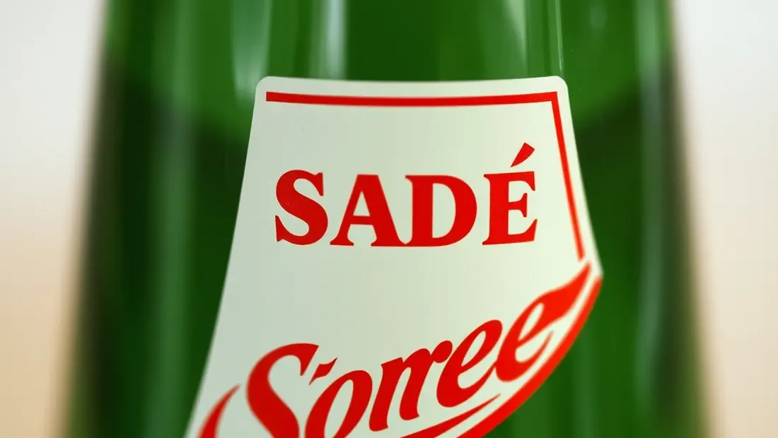 Etiqueta de bouteille con letra roja.