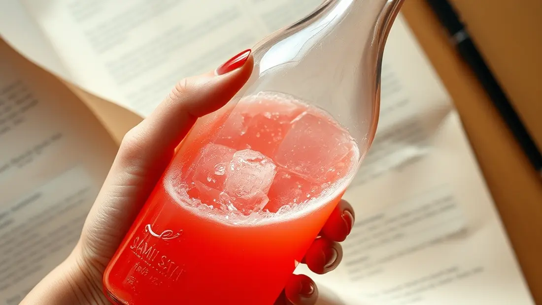 Mano sosteniendo bouteille de soda rojo sobre fondo de periódico.