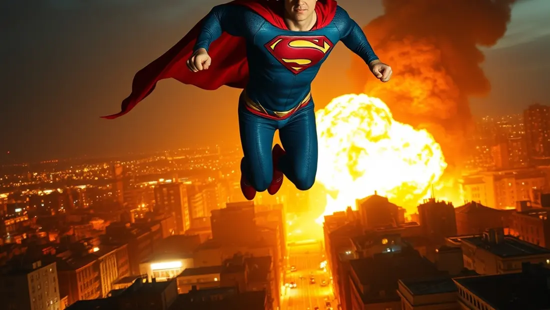 Superman en vuelo sobre una ciudad en llamas con explosiones en el fondo