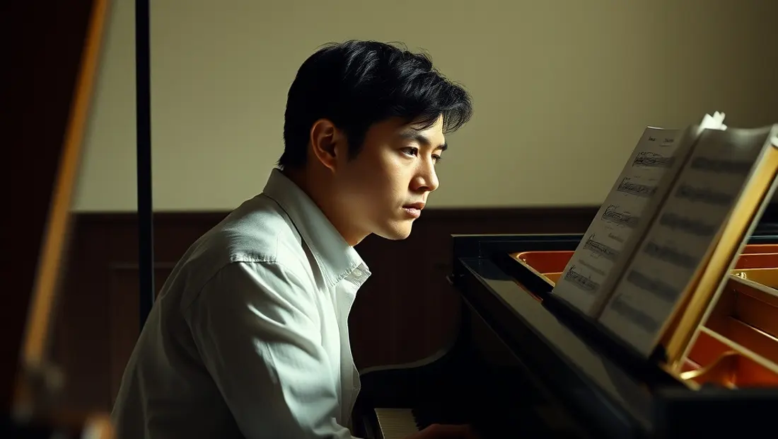 Un pianiste à un piano avec feuilles de musique