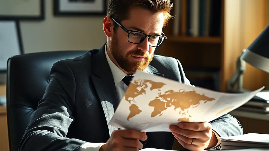 Homem de cine sentado en un escritorio, mirando un mapa del mundo