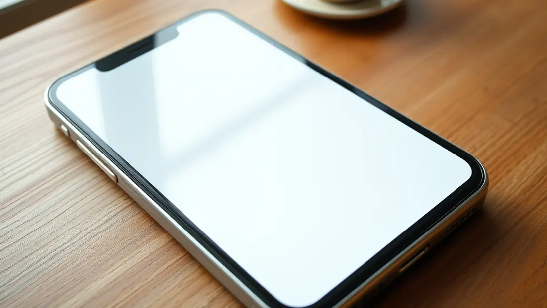 Un móvil con pantalla grande sobre una mesa de madera.