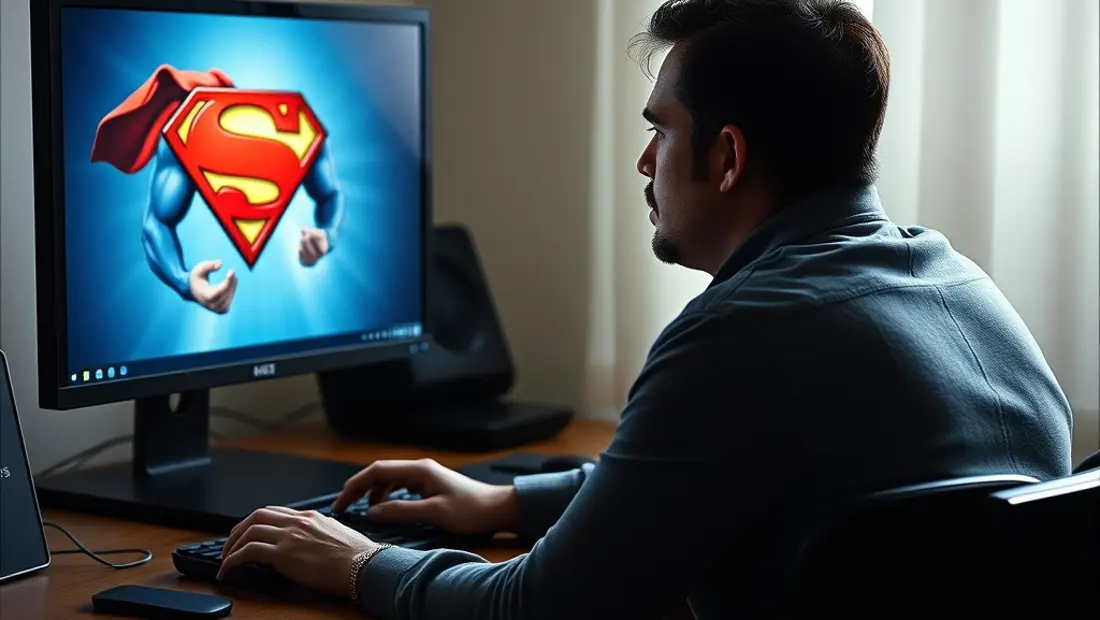 Un auteur devant un ordinateur avec une image de Superman.