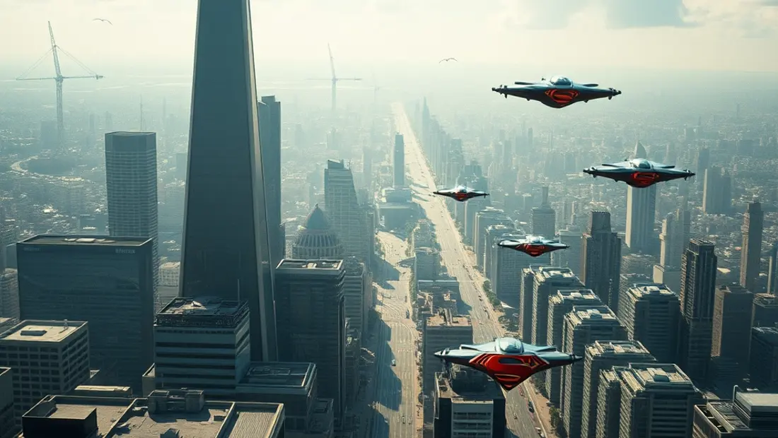 Une ville futuriste avec des voitures volantes.