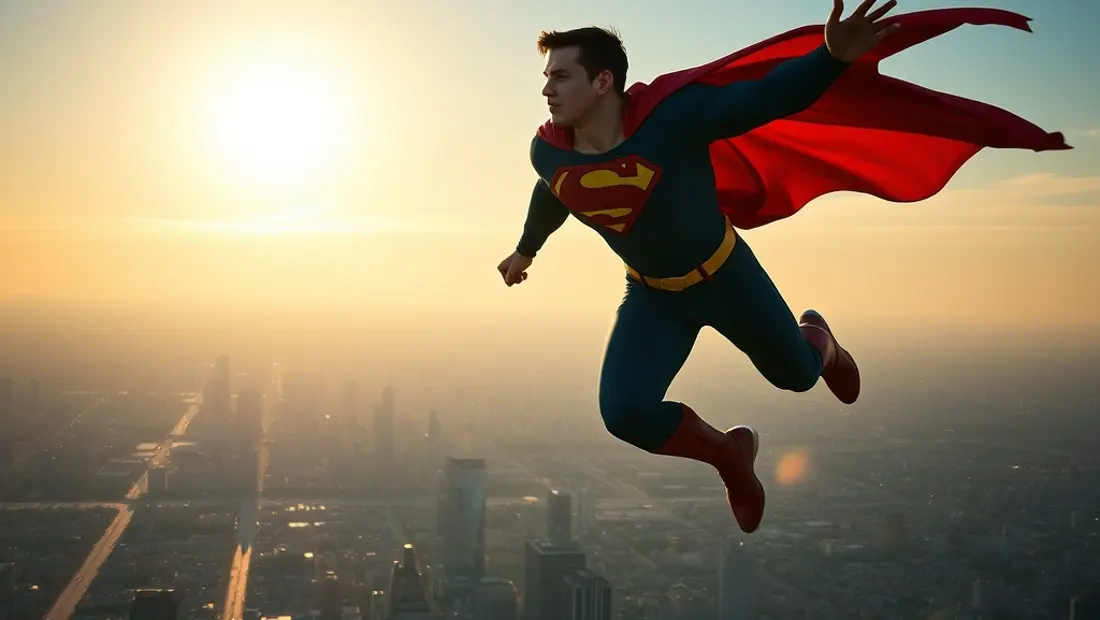 Un personnage de Superman en train de voler.