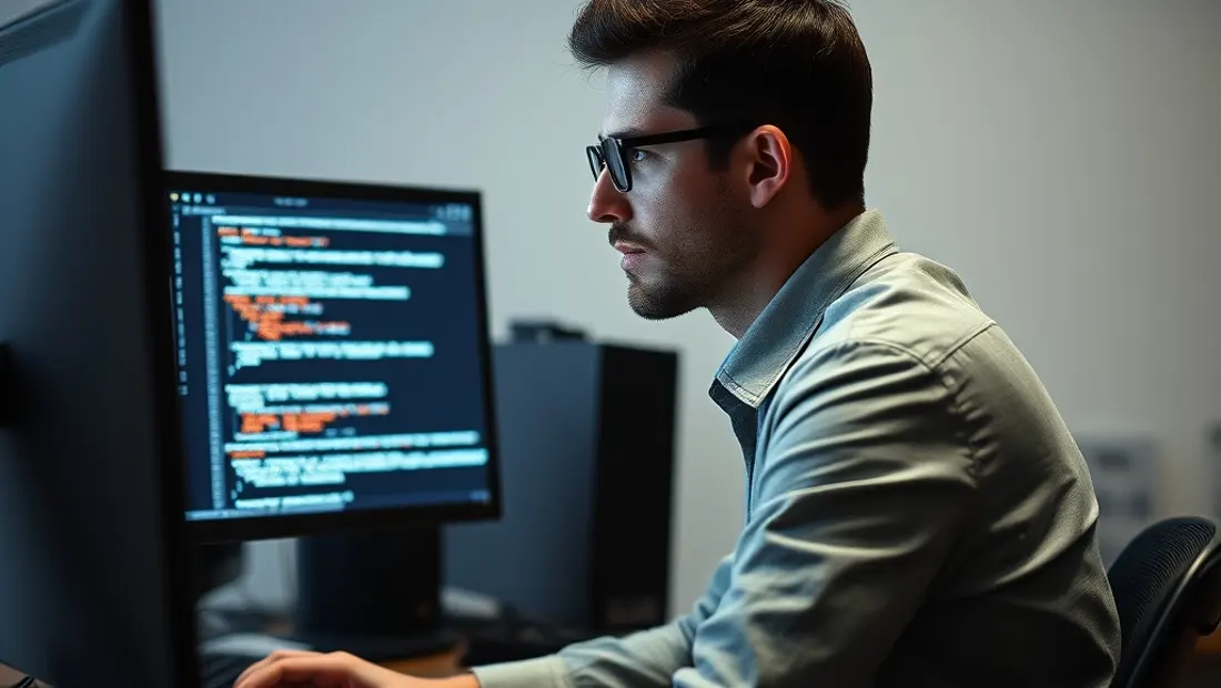 Un programador frente a un código informático con expresión preocupada.