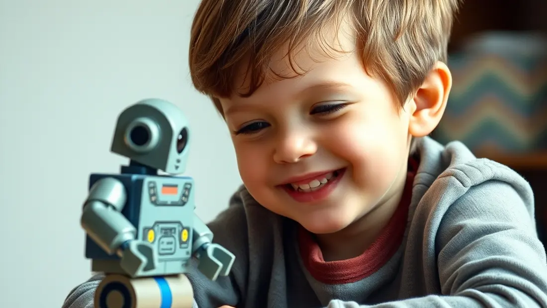 Enfant jouant avec des briques et un robot.