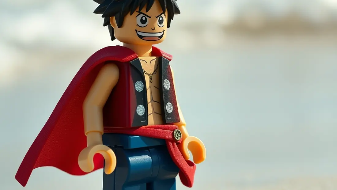 Personaje de One Piece en miniatura en una playa con olas.