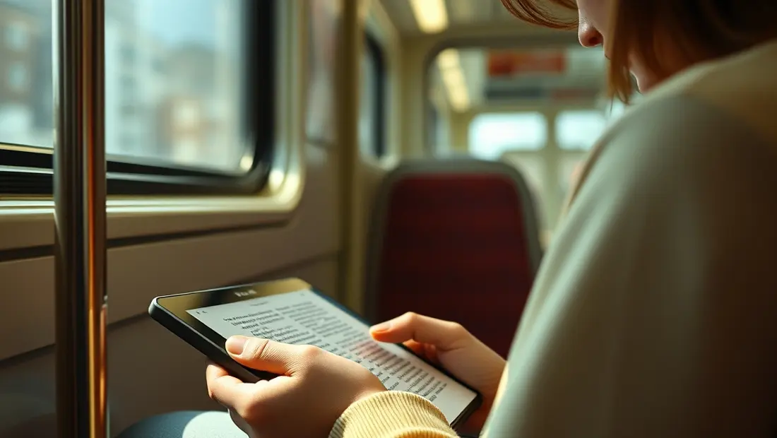 Persona leyendo un dispositivo electrónico en transporte público