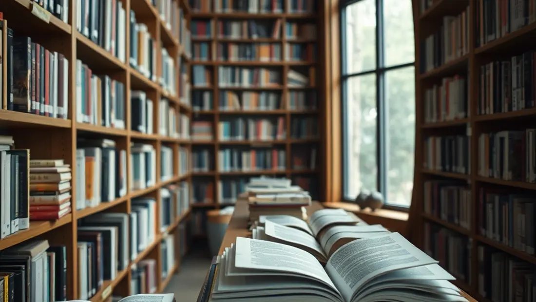 Biblioteca con libros físicos y dispositivos electrónicos