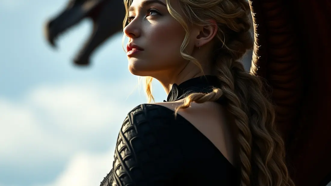 Una mujer Targaryen con alas de dragón en el fondo.