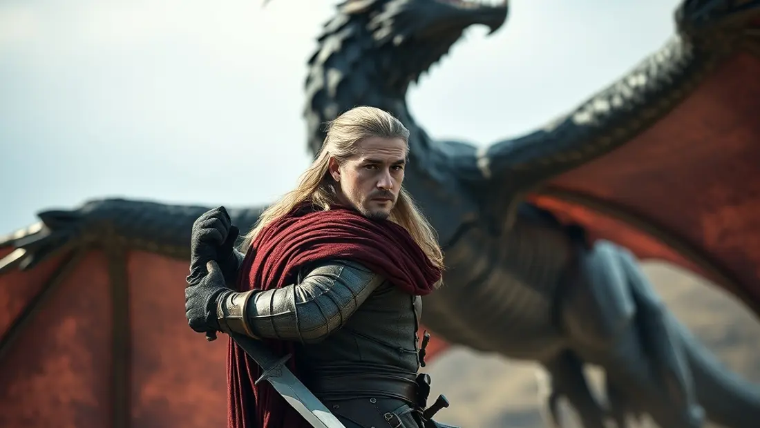 Un hombre Targaryen con armadura y espada, junto a un dragón volando.