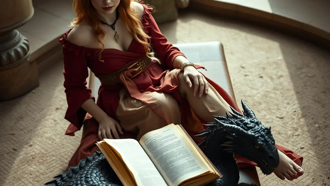 Una mujer Targaryen sentada en un trono, con un dragón a sus pies y un libro abierto.