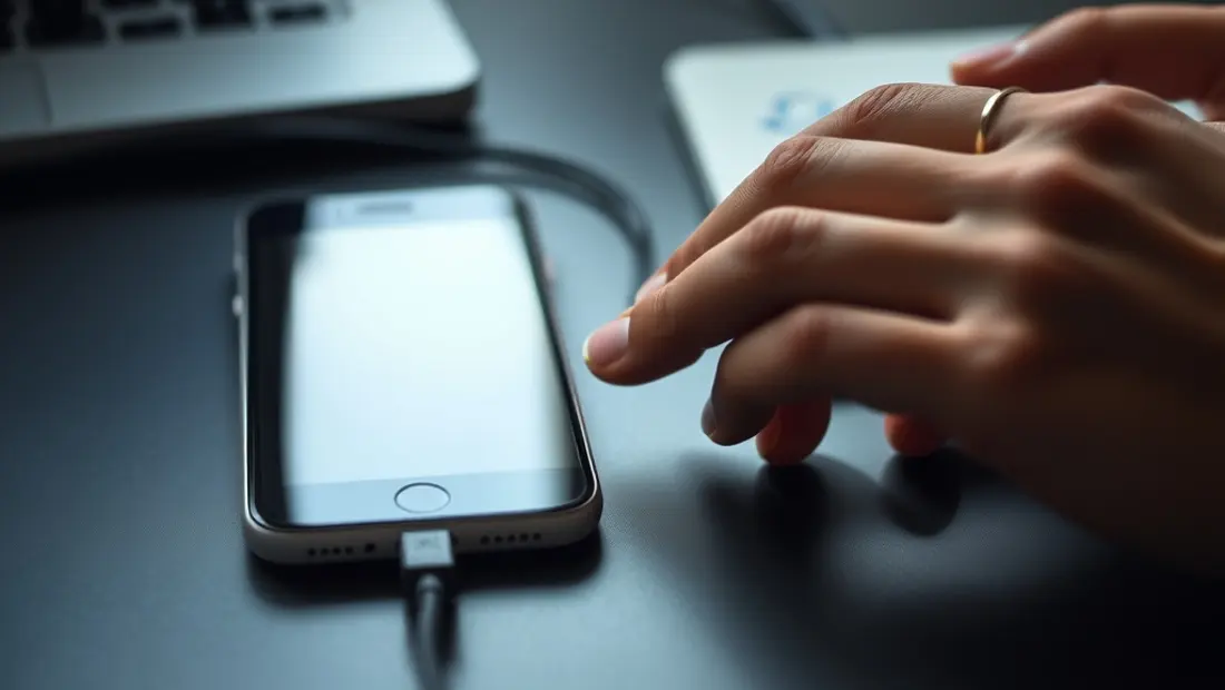 Un smartphone con cable conectado a un portátil