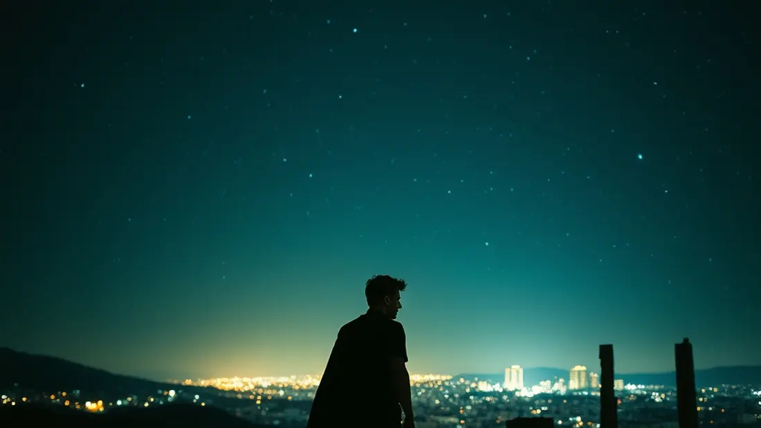 Personaje principal bajo estrellas en ciudad en ruinas.