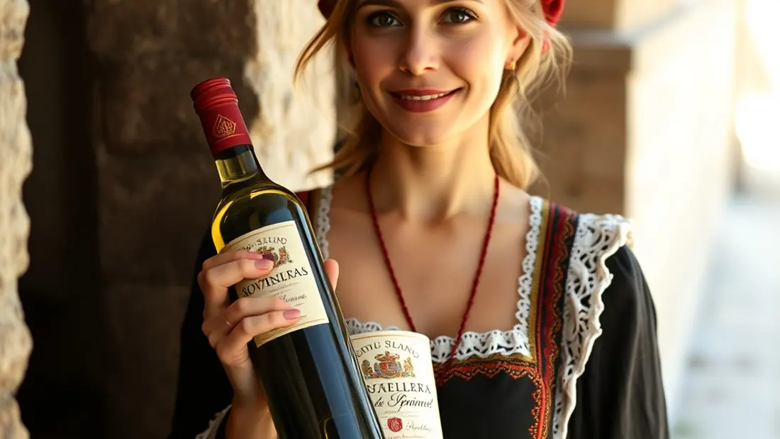 Una mujer española en traje tradicional sostiene una botella de vino español en un viñedo