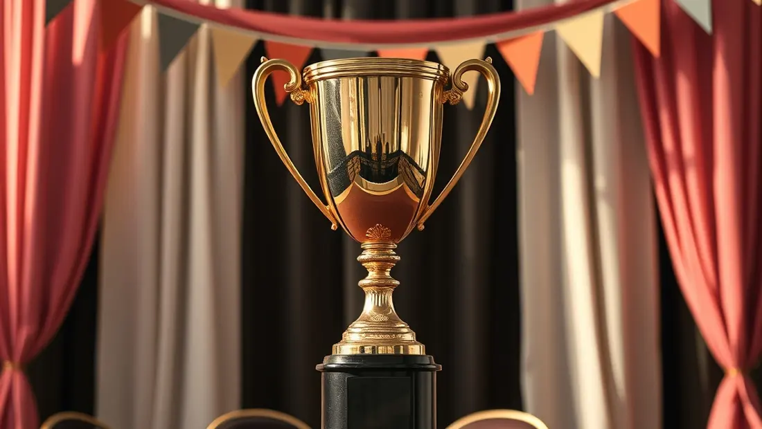 Un trofeo grande en una mesa de presentación con banderas detrás