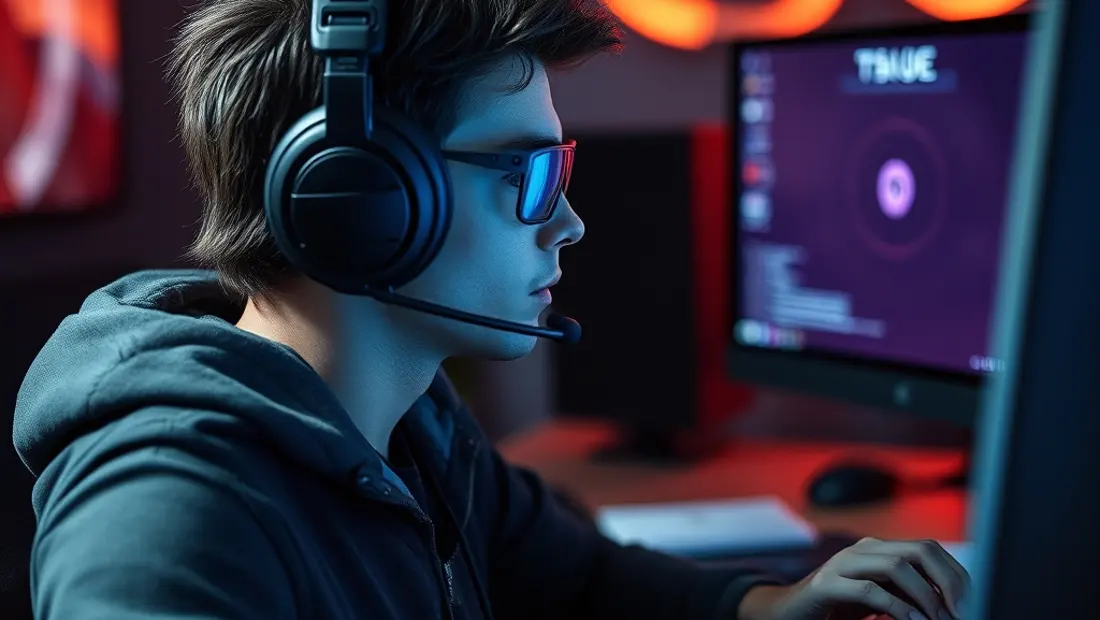Jugador de videojuegos con auriculares y teclado