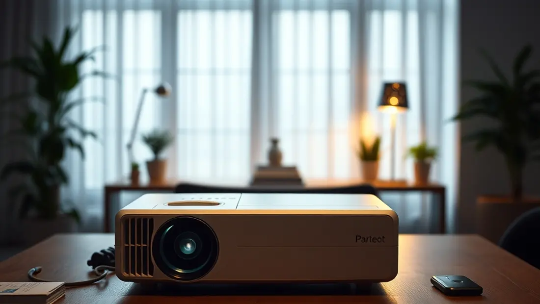 Proyector inteligente en un salón iluminado suavemente
