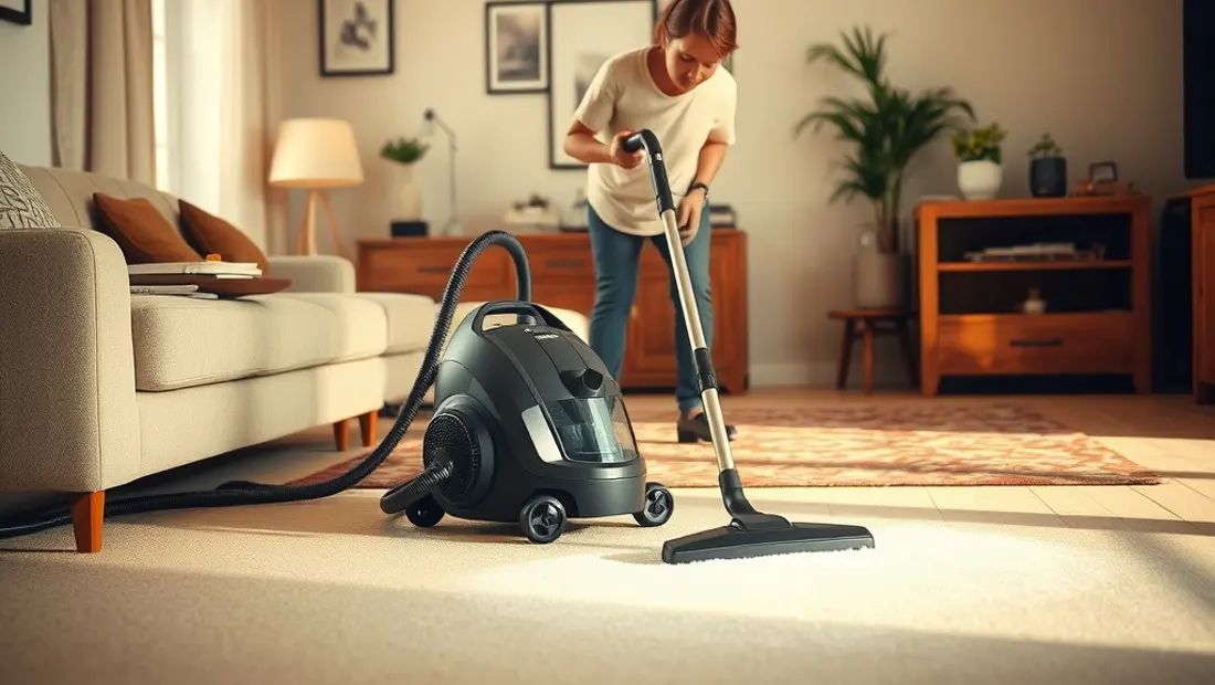 Un aspirador limpiando un suelo en un salón