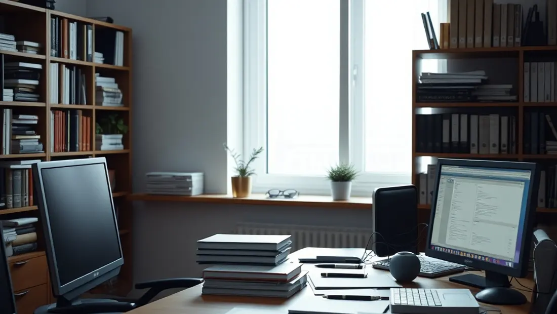 Oficina con computadoras, libros y documentos técnicos