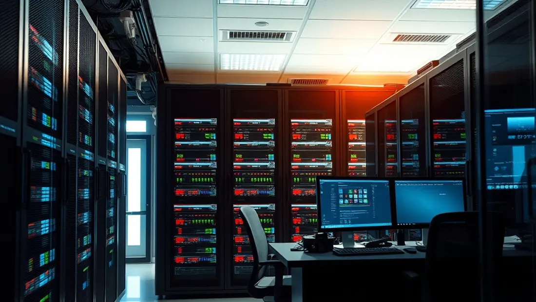 Un centro de datos de Microsoft con servidores y pantallas de control