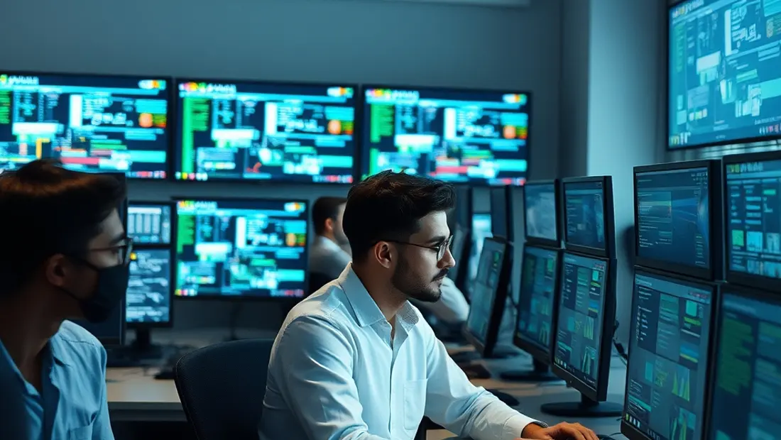 Una sala de trabajo con varios ordenadores y monitores.