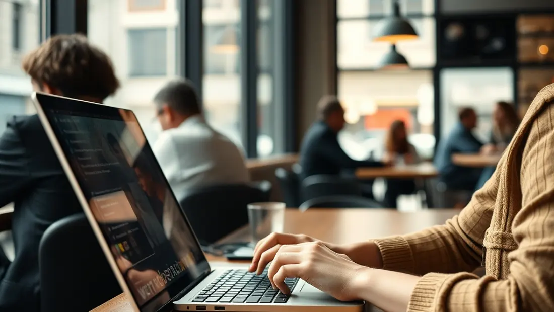 Personne travaillant sur un ordinateur portable dans un café.