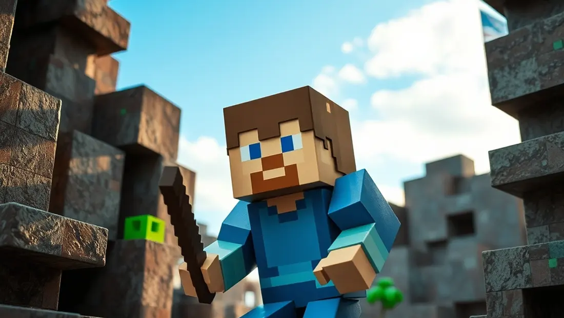 Un personaje de Minecraft en un entorno de bloques de piedra