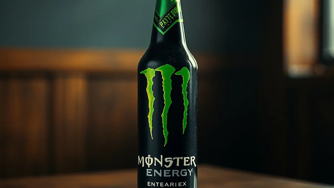 Bouteille de Monster Energy sobre una mesa de madera