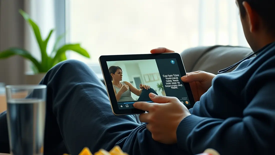 Persona mirando una película en un dispositivo móvil con snacks y un vaso de agua