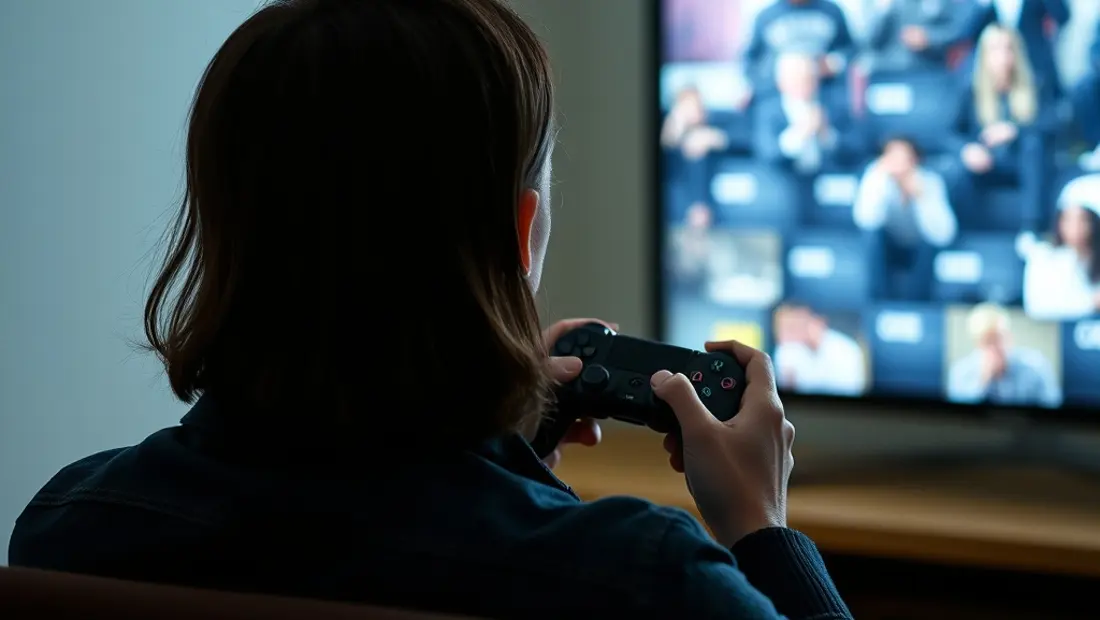 Persona con controlador de juego en mano frente a una televisión